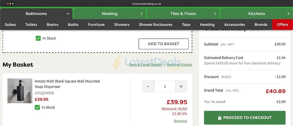 Screenshot of the Victorian Plumbing discount code working