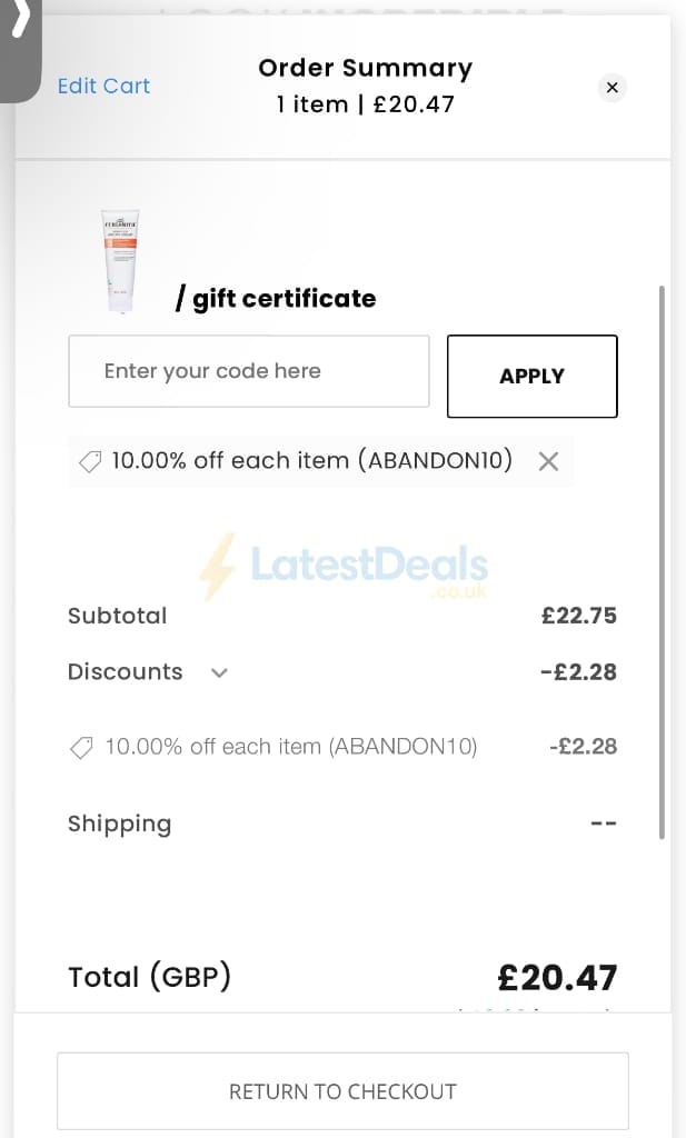 Screenshot of the Look Incredible discount code working