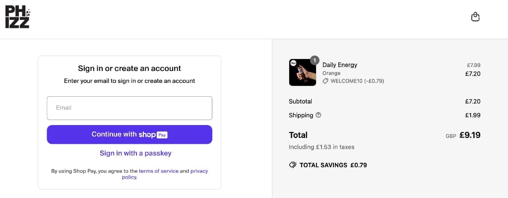 Screenshot of the Phizz discount code working