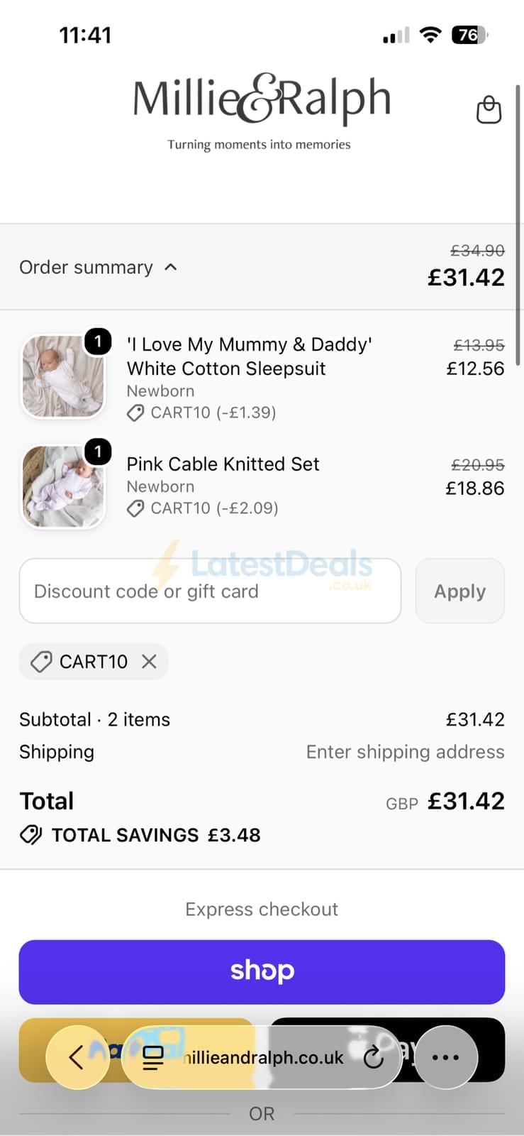 Screenshot of the Millie & Ralph discount code working