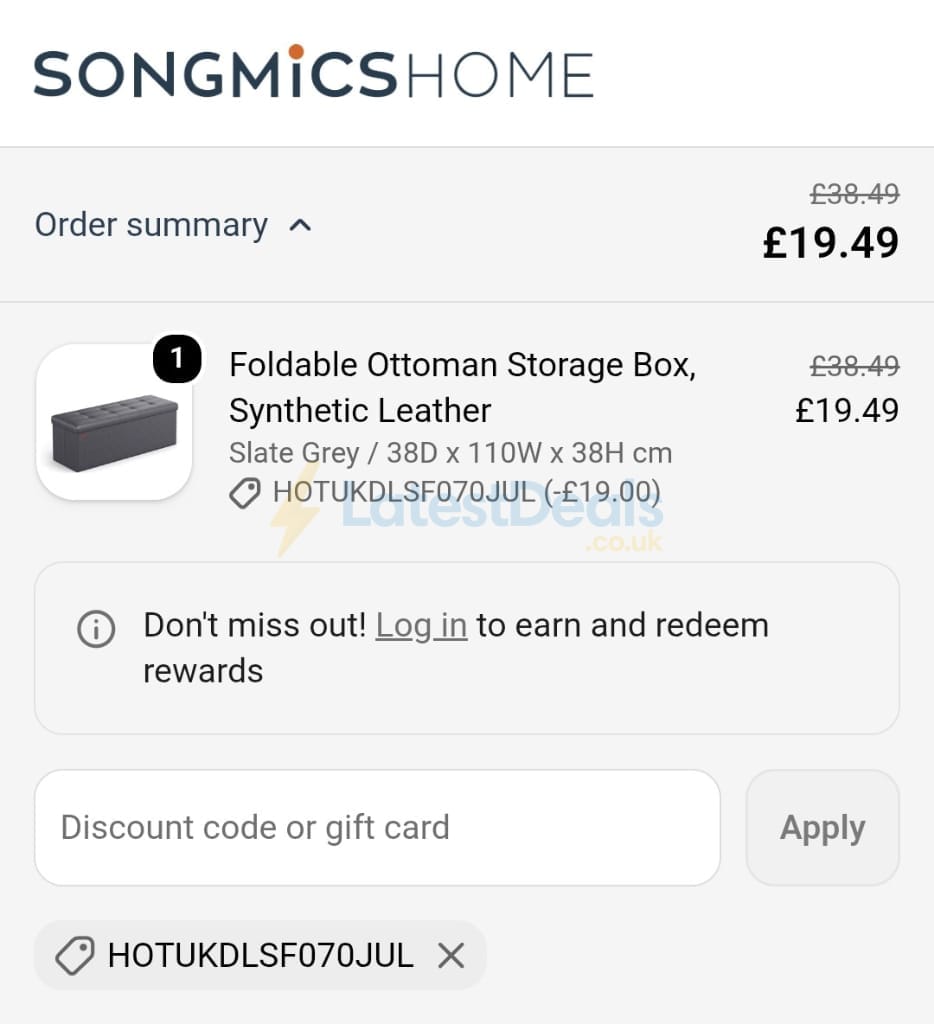 Screenshot of the Songmics discount code working