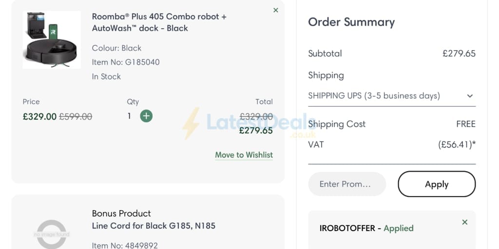 Screenshot of the iRobot discount code working