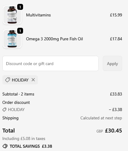 Screenshot of the Nutravita discount code working
