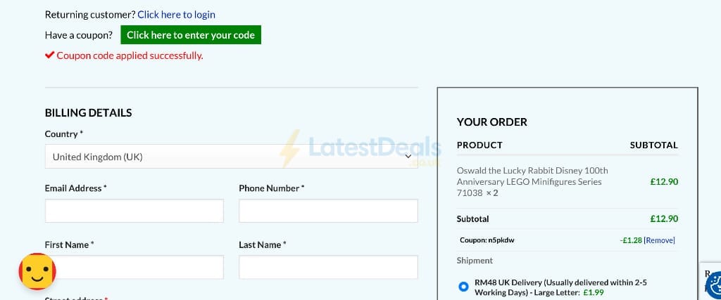 Screenshot of the The Minifigure Store discount code working