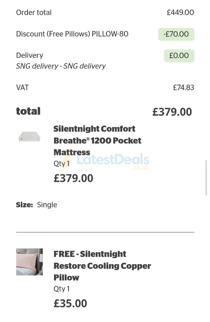 Screenshot of the Silentnight discount code working