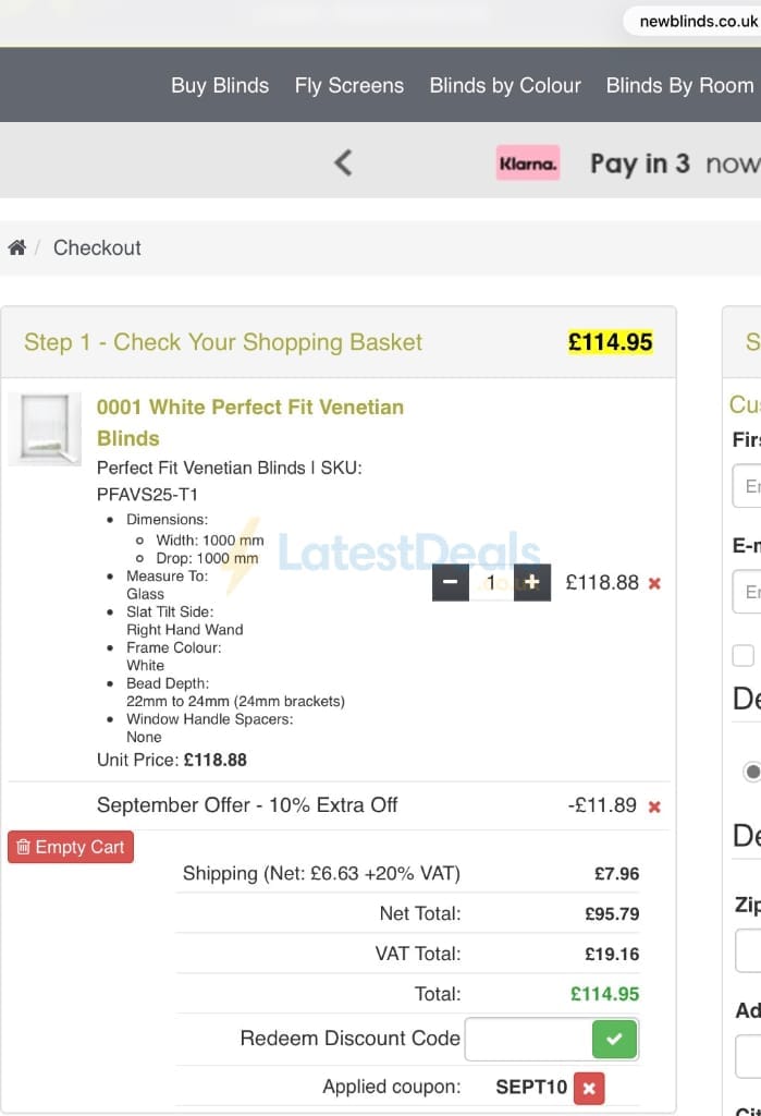 Screenshot of the Newblinds.co.uk discount code working
