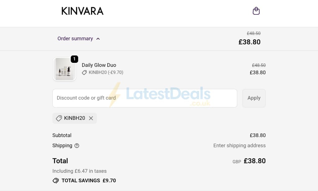 Screenshot of the Kinvara Skincare discount code working