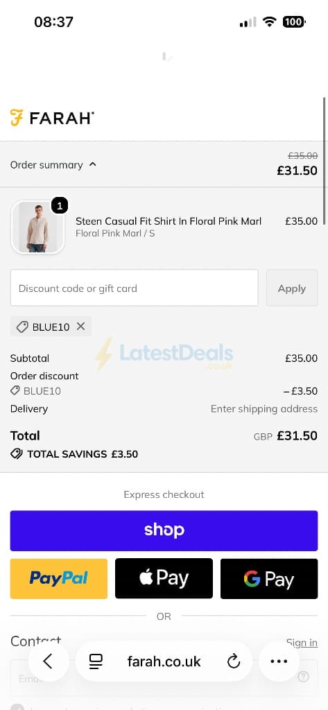Screenshot of the Farah discount code working