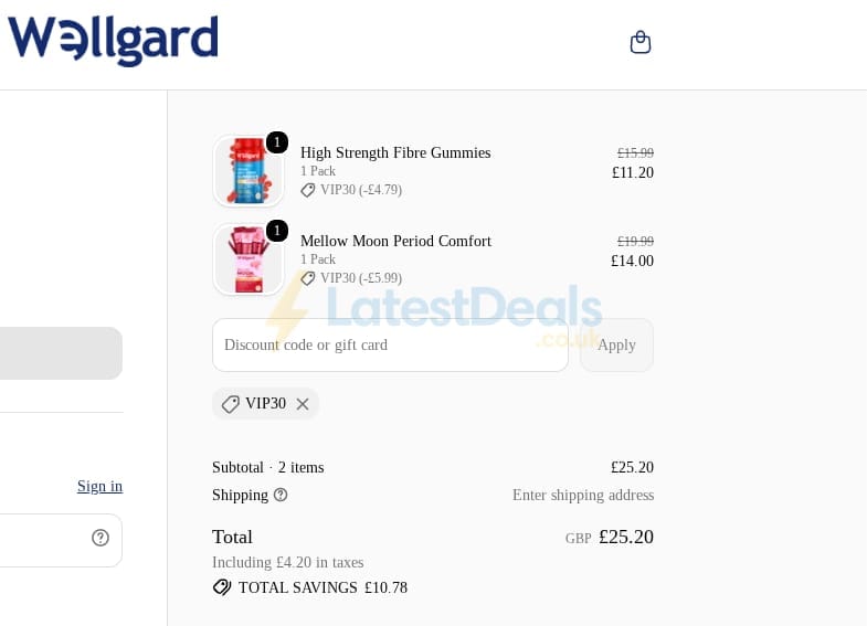 Screenshot of the Wellgard discount code working