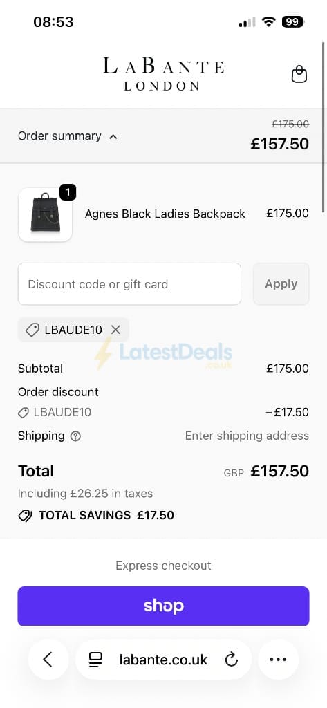 Screenshot of the Labante London discount code working