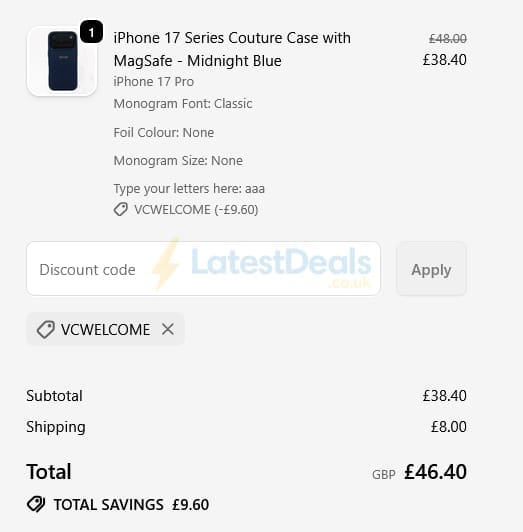 Screenshot of the Valerie Constance discount code working