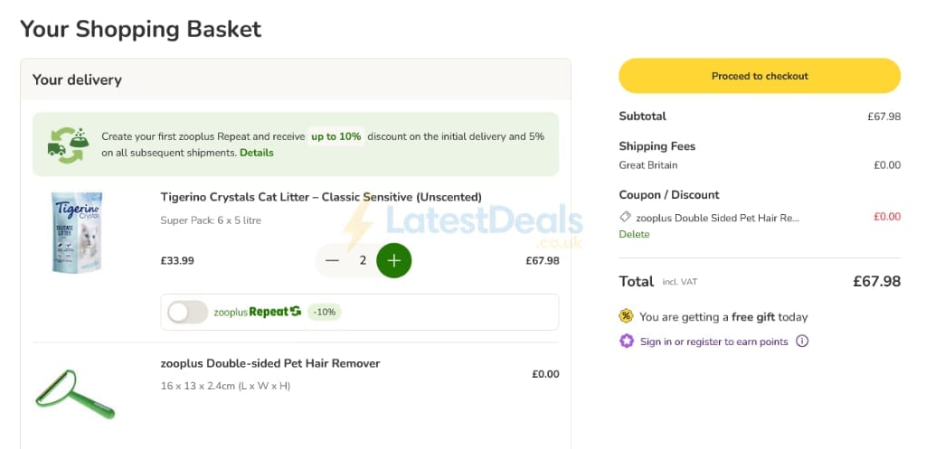 Screenshot of the zooplus discount code working