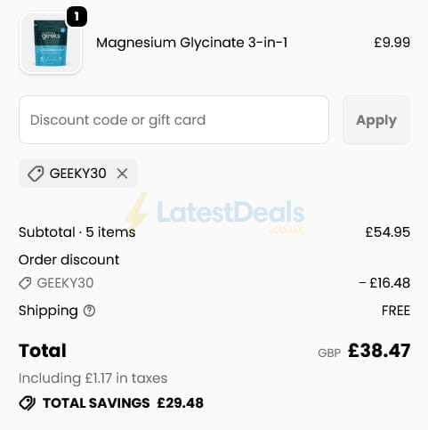 Screenshot of the Nutrition Geeks discount code working