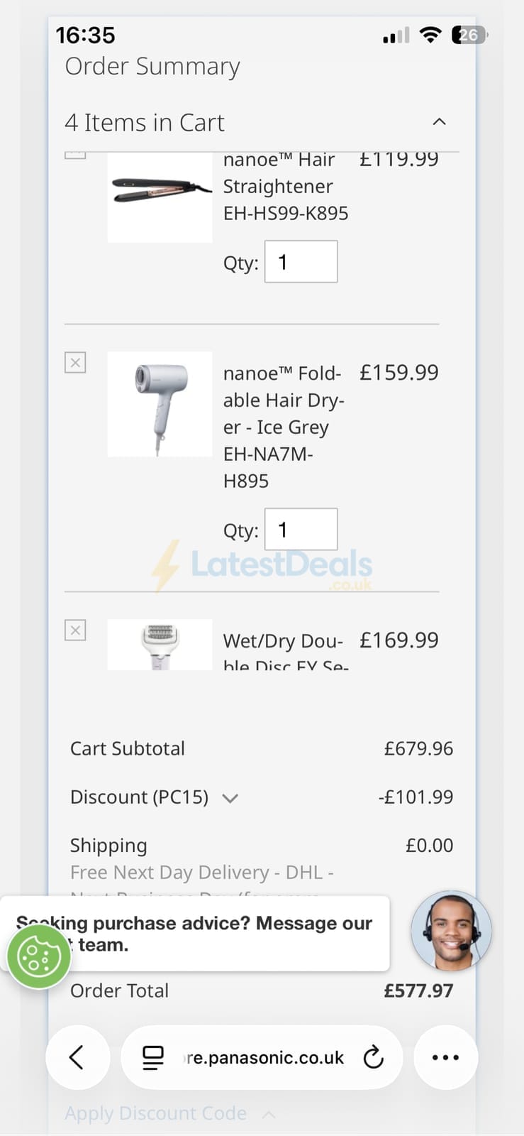 Screenshot of the Panasonic discount code working