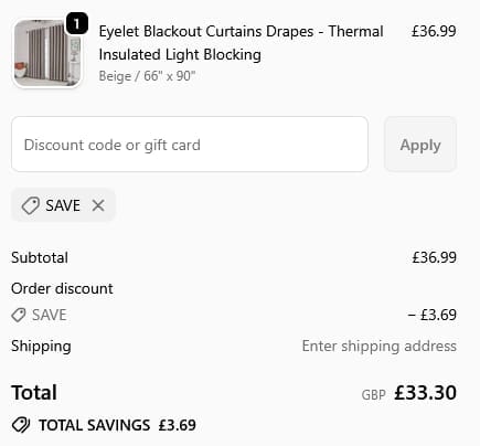 Screenshot of the Yorkshire Bedding discount code working