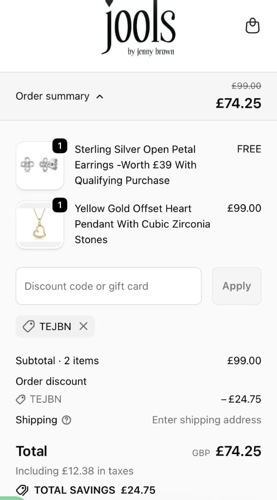Screenshot of the Jools by Jenny Brown discount code working