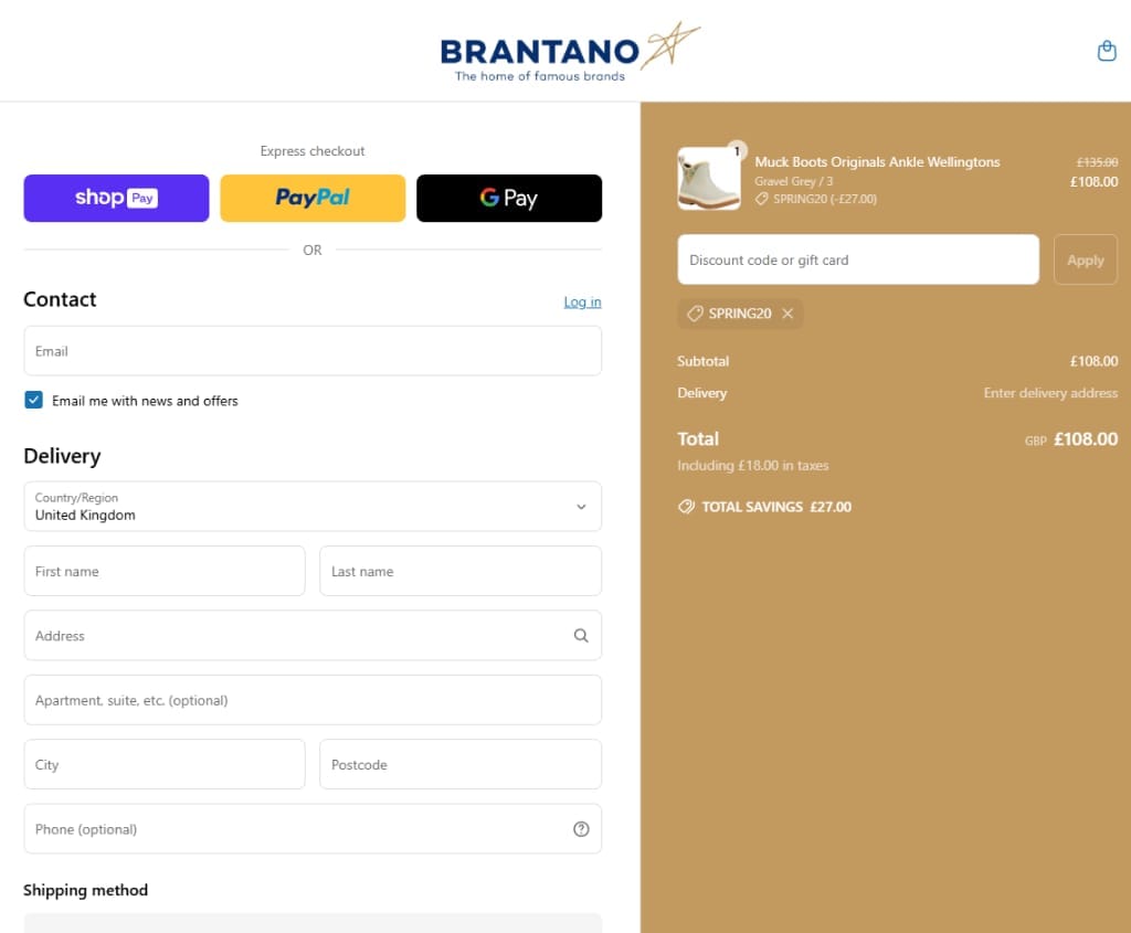Screenshot of the Brantano discount code working