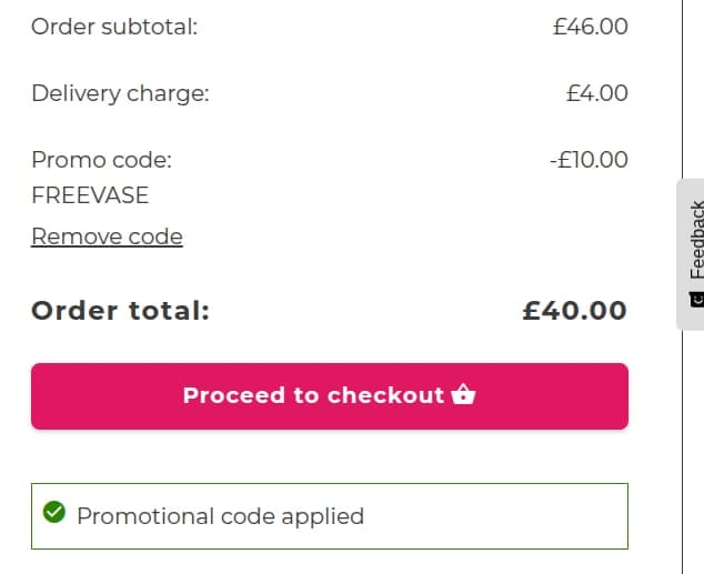 Screenshot of the Flying Flowers discount code working