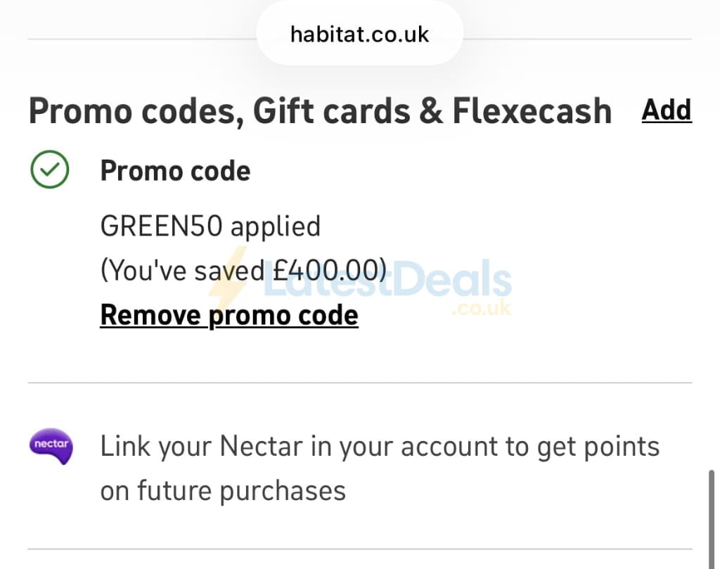 Screenshot of the Habitat discount code working