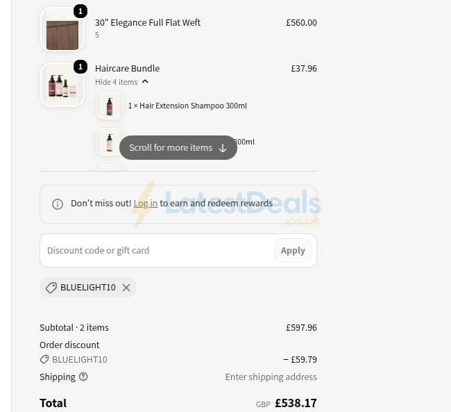 Screenshot of the Additional Lengths discount code working