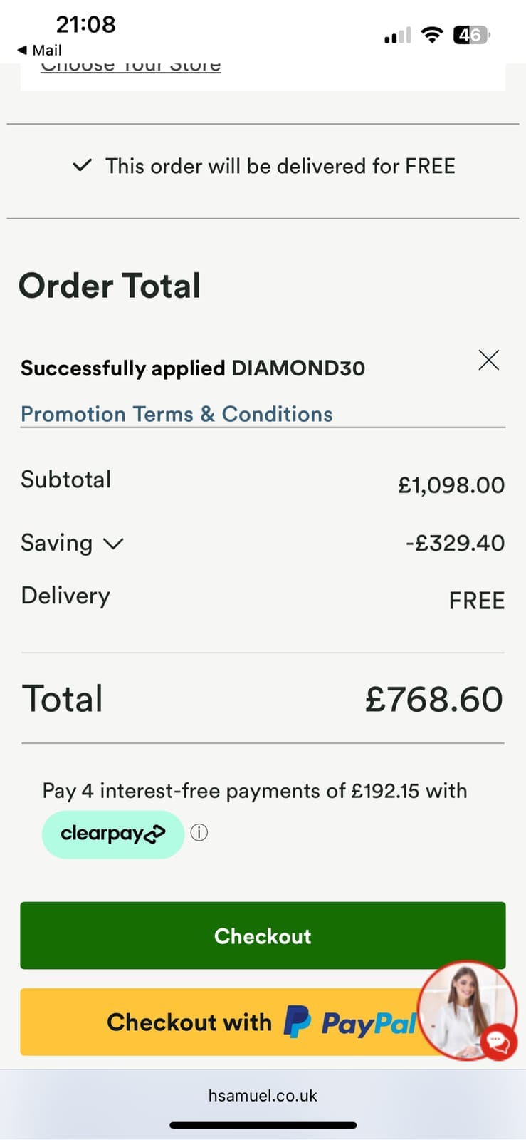 Screenshot of the H Samuel discount code working