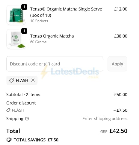 Screenshot of the Tenzo Tea discount code working