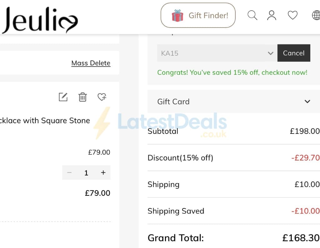 Screenshot of the Jeulia discount code working