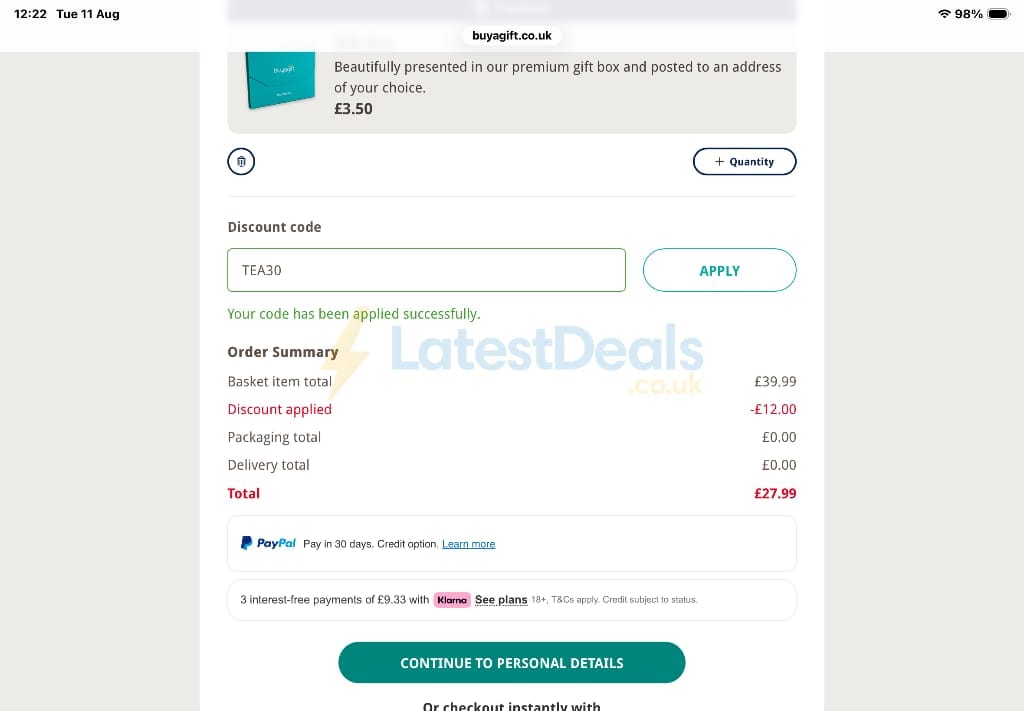 Screenshot of the Buyagift discount code working