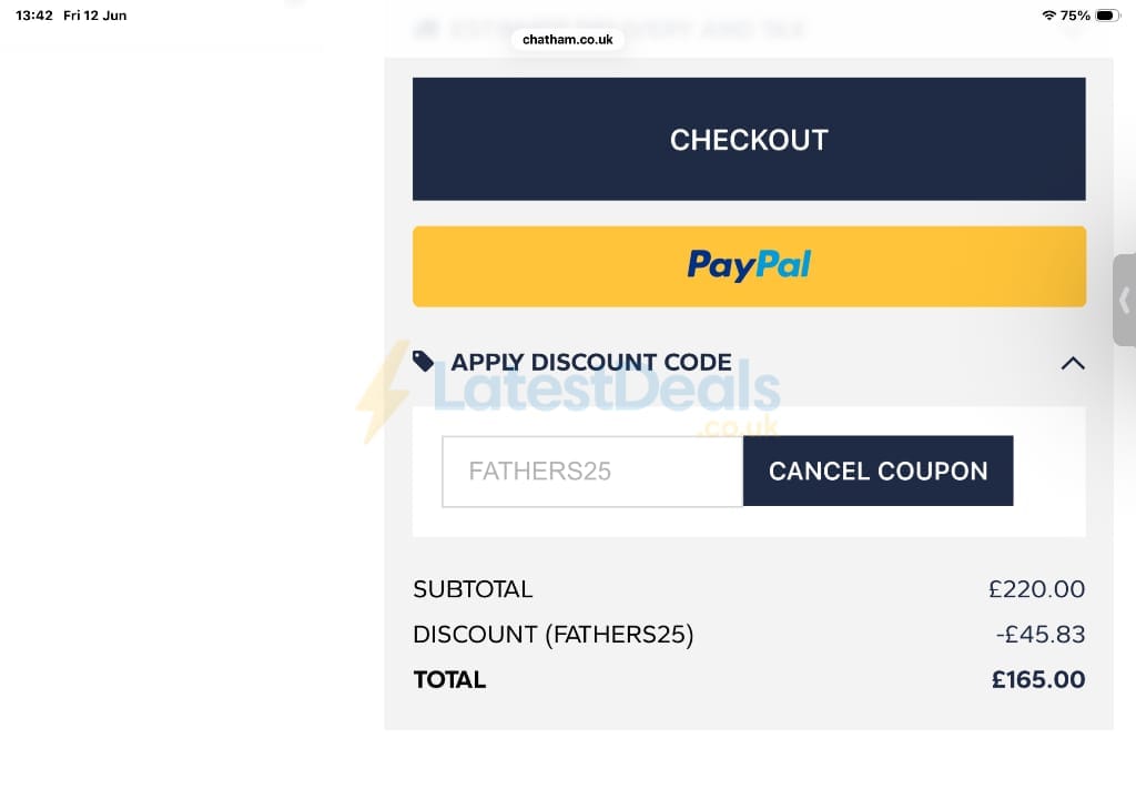 Screenshot of the Chatham discount code working