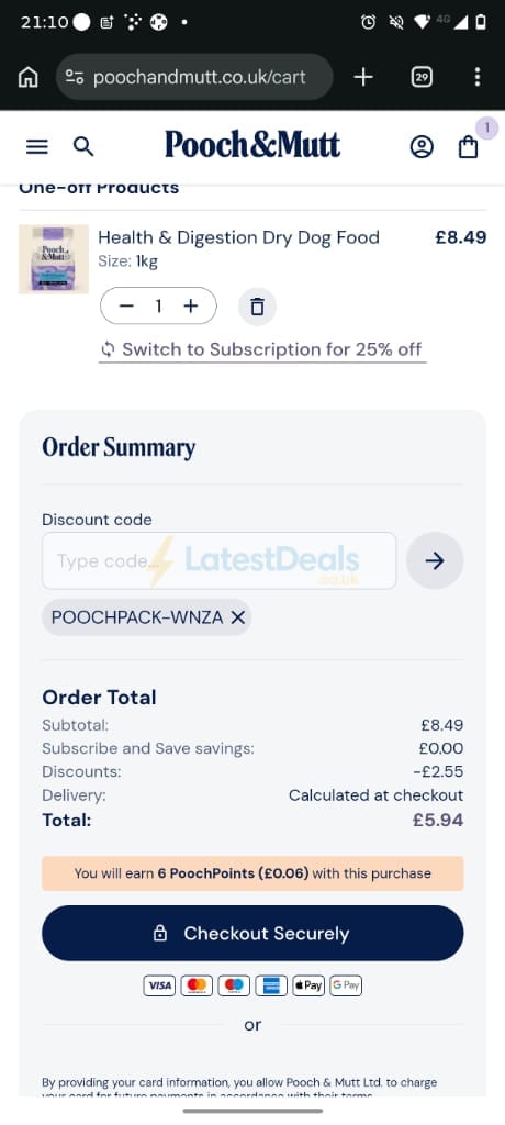 Screenshot of the Pooch & Mutt discount code working