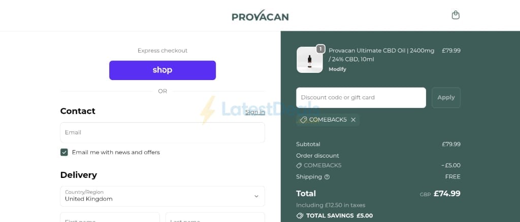 Screenshot of the Provacan discount code working