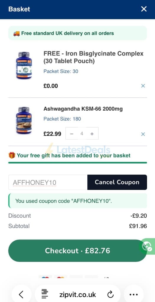 Screenshot of the ZipVit discount code working