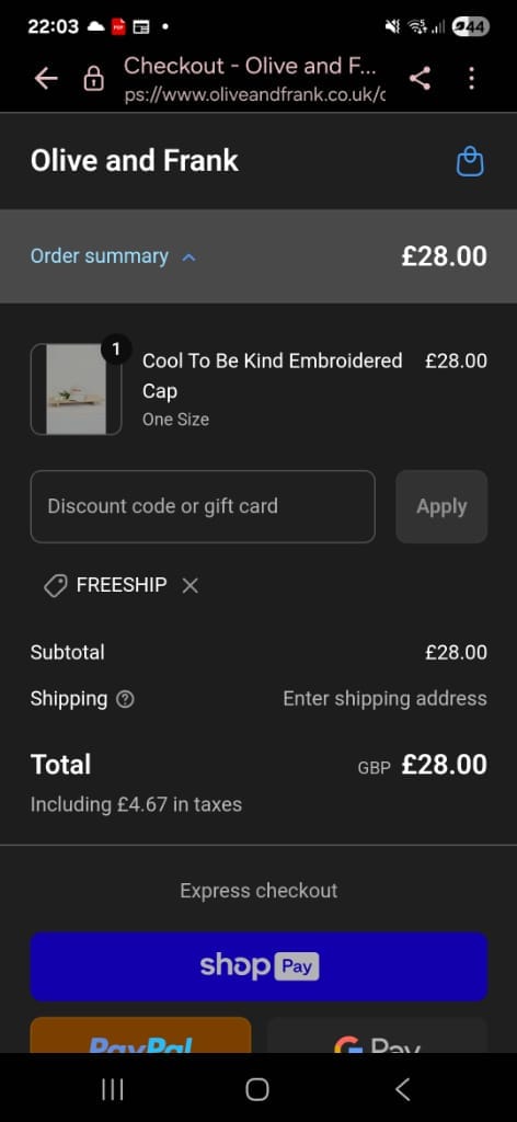 Screenshot of the Oliveandfrank discount code working