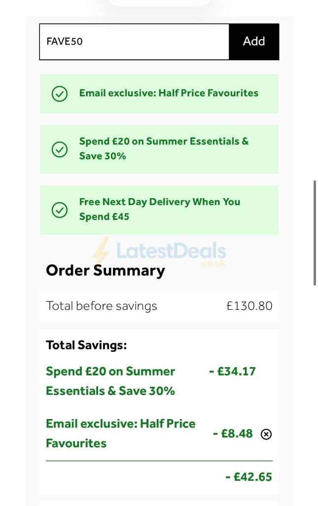 Screenshot of the No7 Beauty discount code working