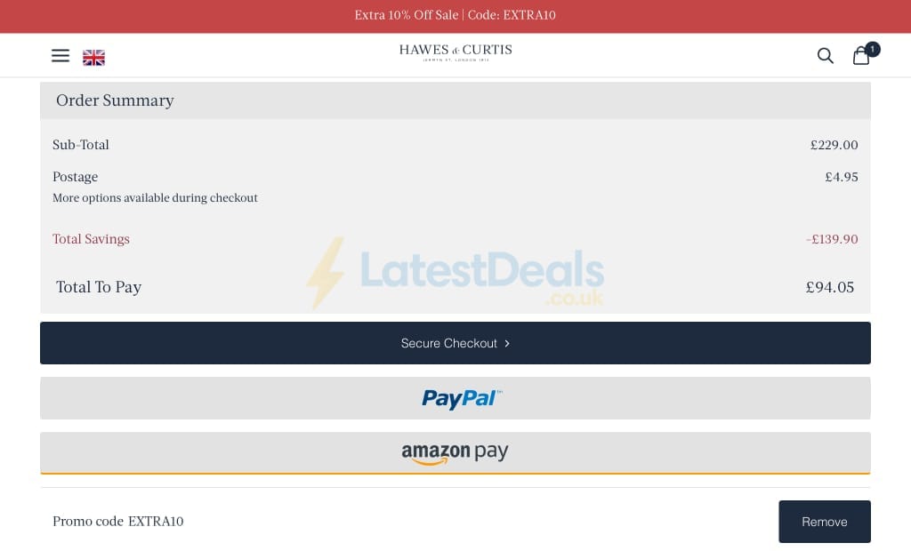 Screenshot of the Hawes & Curtis discount code working