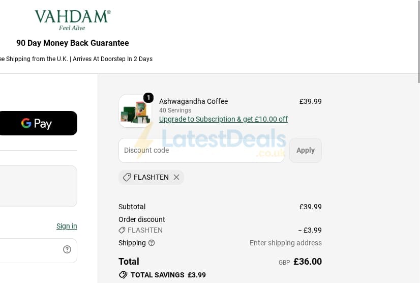 Screenshot of the Vahdam Teas discount code working
