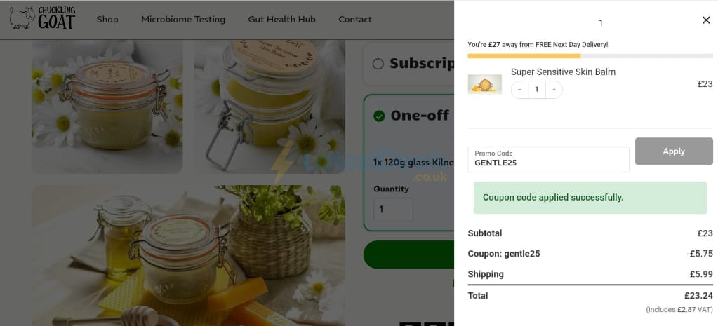 Screenshot of the Chuckling Goat discount code working