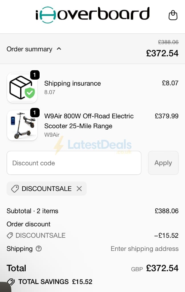 Screenshot of the IHoverBoard discount code working