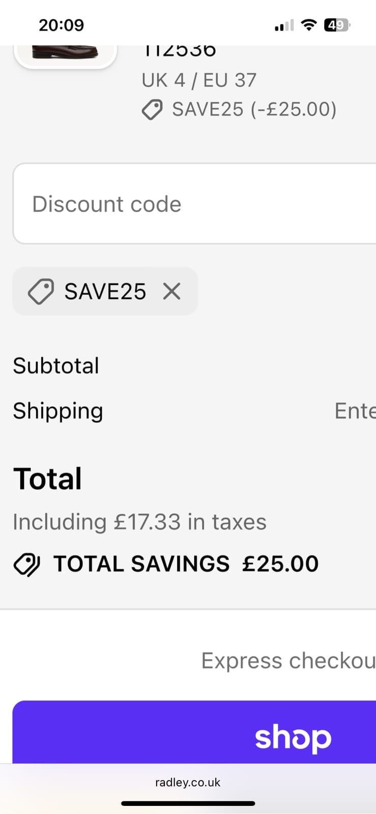 Screenshot of the Radley London discount code working