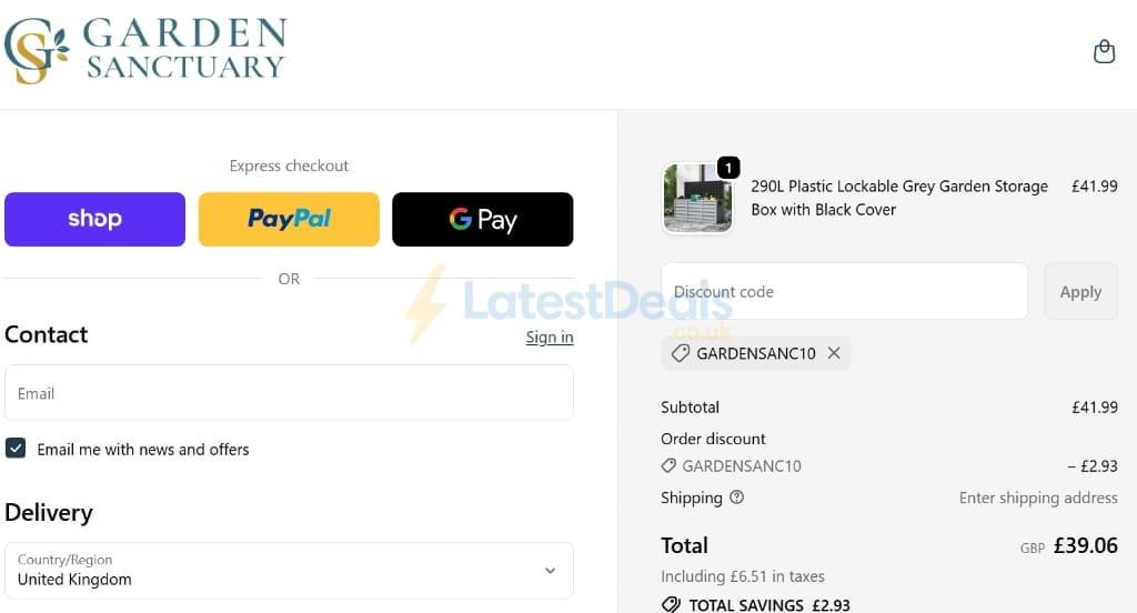 Screenshot of the Garden Sanctuary discount code working