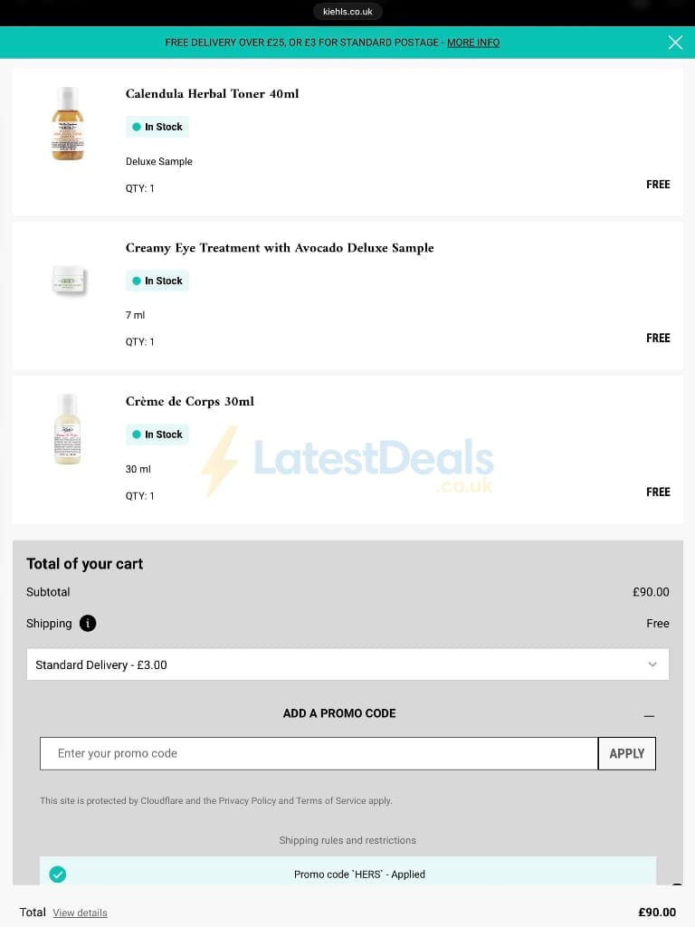 Screenshot of the Kiehl's discount code working
