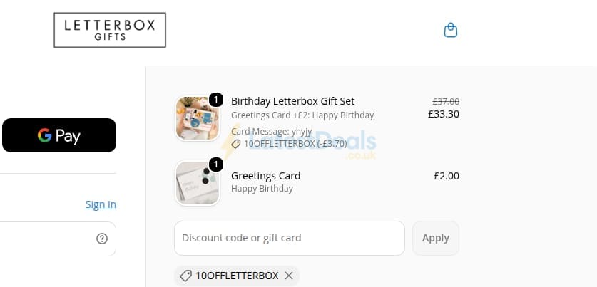 Screenshot of the Letterbox Gifts discount code working