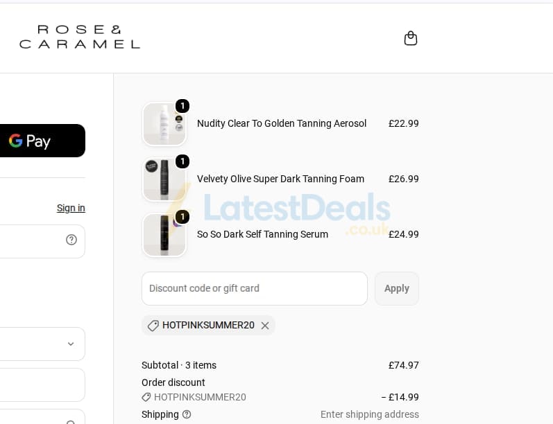 Screenshot of the Rose and Caramel discount code working