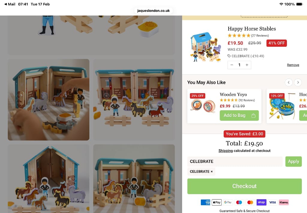 Screenshot of the Jaques London discount code working