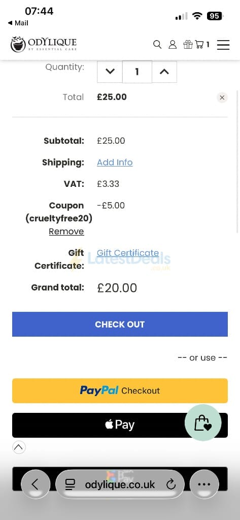 Screenshot of the Odylique discount code working