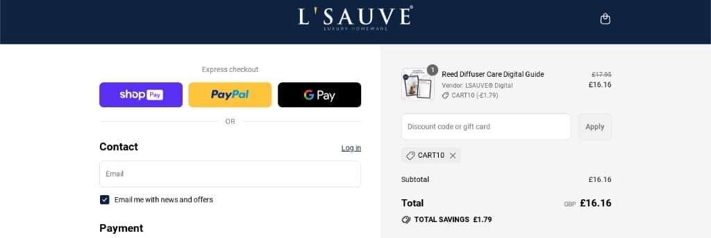 Screenshot of the L'Sauve discount code working