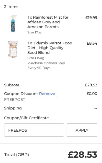 Screenshot of the Parrot Essentials discount code working
