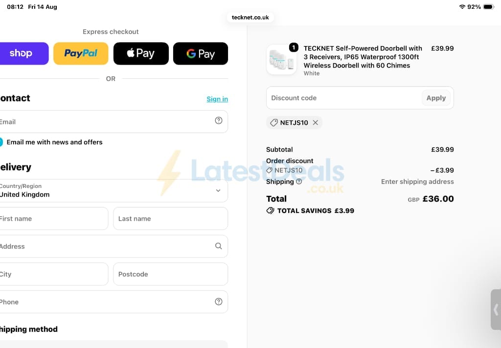 Screenshot of the Tecknet discount code working
