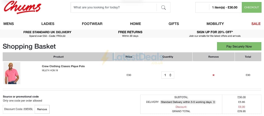 Screenshot of the Chums discount code working