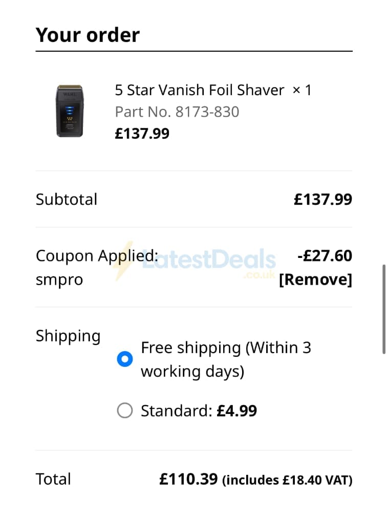 Screenshot of the Wahl discount code working
